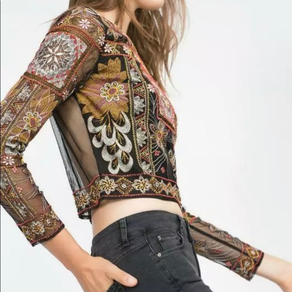 New ZARA Embroidered Beaded Sheer Black Crop Top